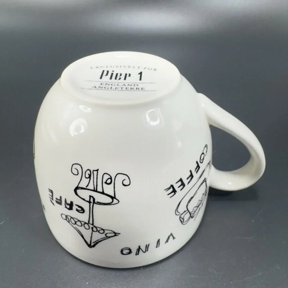 Pier 1 ENGLAND ANGLETERRE Ceramic Teacup And‎ Saucer Set Vino Coffee Black White